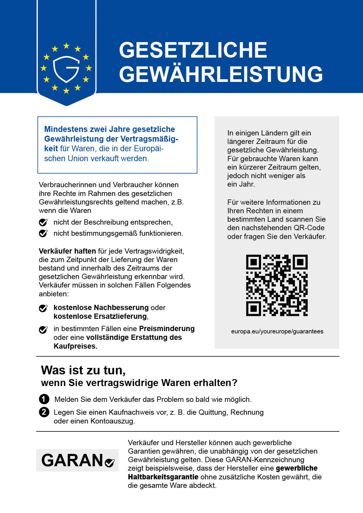 EU-Gewährleistungslabel mit Informationen zu den gesetzlichen Gewährleistungsrechten