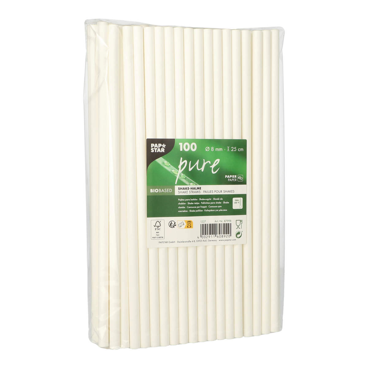 Shake Papier-Trinkhalm | Weiß - Ø 8 mm x 25 cm - Papstar Pure (100 Stk)